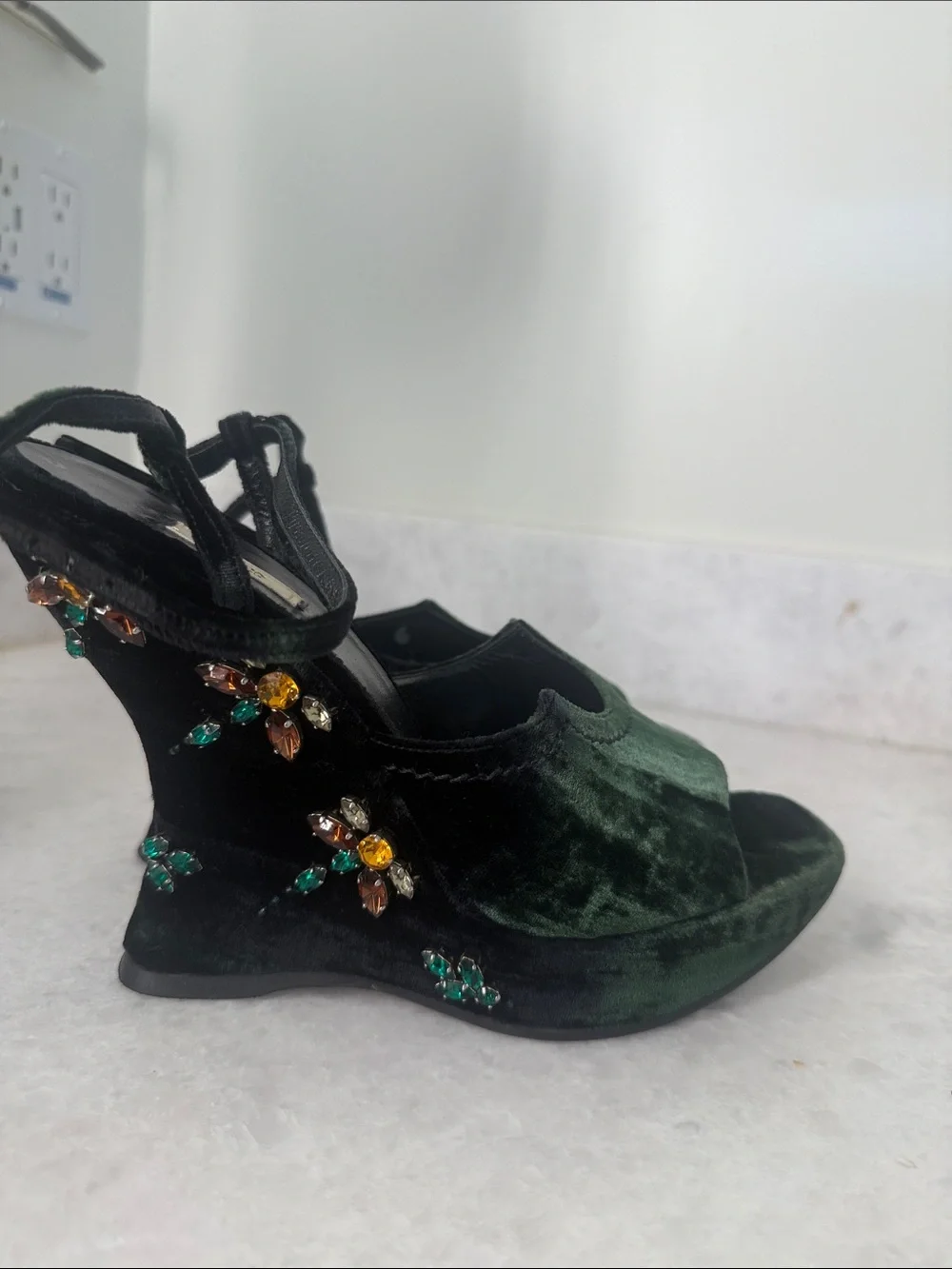Prada Green Velvet Jeweled Wedge Sandals
